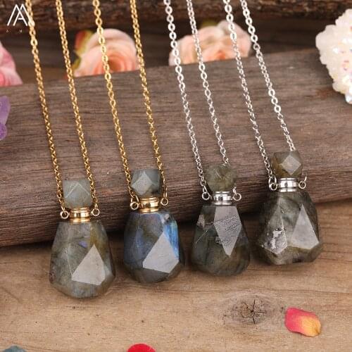 Natural Labradorite Stone Gold Silvery Perfume Bottle Pendant Jewelry Women Faceted Stone Beads Diffuser Oil Necklace Jewelry