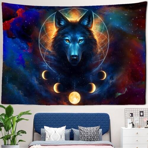 Psychedelic Wolf Head Moon Tapestry Wall Hanging Tapiz Hippie Bohemian Style Oil Painting Witchcraft Home Decor