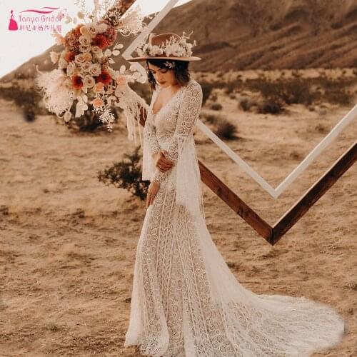 Flare Long Sleeve Lace Wedding Dresses Sexy Backless Mermaid Bridal Gowns Uniques Lace Noivas ZW385