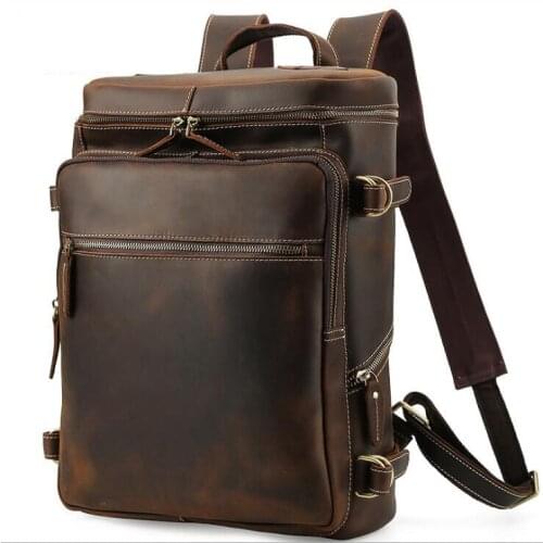 Bagpack Men Male Outdoor High Quality Mens Genuine Leather Backapck Pure Cow Skin Travel Backpack 15.6" Laptop Shoulder