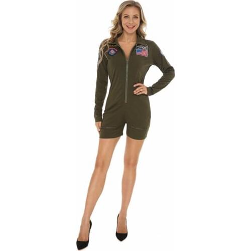 Sexy Retro Green Army Pilot Costume Halloween Masquerade Exotic American Military Policewomen Cosplay Dress