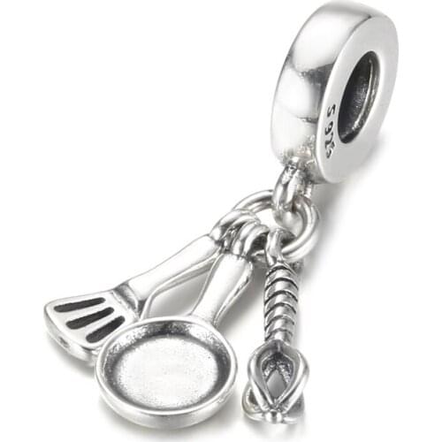 Authentic S925 Silver Bead Spatula, Frying Pan & Whisk Pendant Dangle Charm for Women Bracelet Bangle DIY Jewelry
