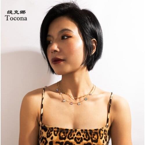 Tocona Clear Colorful Rhinstone Tassel Necklace for Women Charms Multi-layer Clavicle Chain Choker Party Jewelry Collar 17605