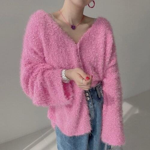 GUUZYUVIZ Oversized Tops Female Casual Loose V-neck Knitted Carcligan Women Pink Tassle Woman Sweaters