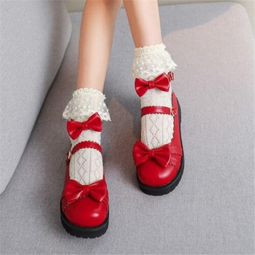 PXELENA JK Japanese LO Women Lolita Shoes Bow Knot Low Heels Cosplay Student Collegiate School Dress Pumps Black White Red 34-43