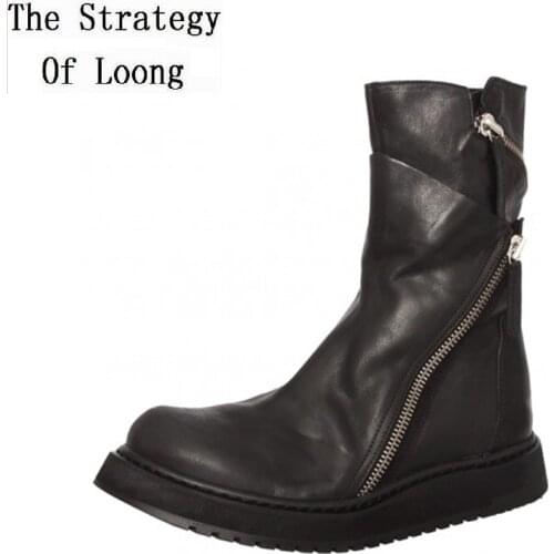 Spring Autumn Korean Style Fashion Men Genuine Leather Half Equestrian Boots Winter Male Plush Zipper Mid-Calf Boots 20200114