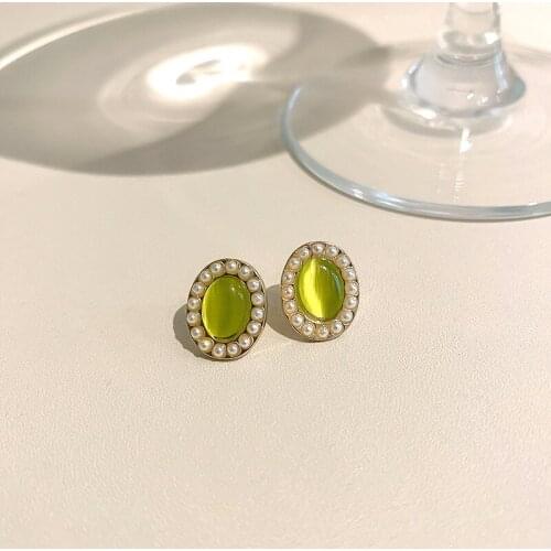 Vintage Elegant Graceful Opal Stone Stud Earrings for Women Girls Simple Fashion Geometric Oval Earrings Party Jewelry