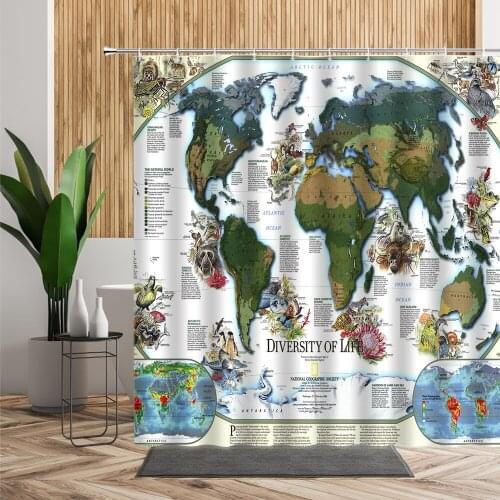 World Map Design Bathroom Shower Curtain Wild Animals Pattern Bath Waterproof Fabric Multi-Size Home Decors Originality Curtains