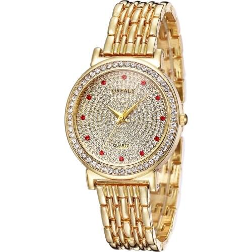 Womens Quartz Watch Luxury Gold Hollow Stainless Steel Metal Watches Classic Crystal Ladies Dress Watch
