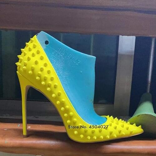 Real Picture Yellow Full Spikes Women Pointy Toe Stiletto High Heels Sexy Rivets Ladies Party Shoes Pumps 12cm 10cm