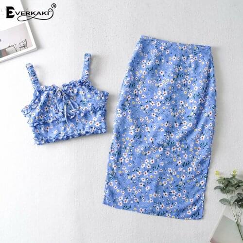 Everkaki 2PCS Sets Suits Women Boho Print Ruffles Ladies Short Camis and Midi Skirt 2 Pieces Suits Sets Female 2021 Summer New