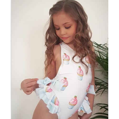 0-5Y Kids Baby Girls Swimsuits 2021 Summer Children Ruffle One Piece Bikini Swimwear Cake Printed Backless Girls Beachwear