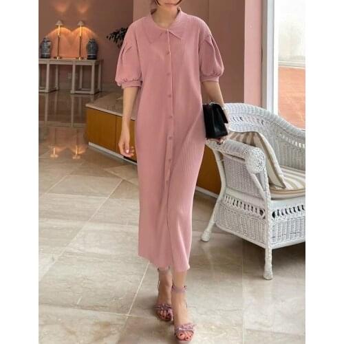 Women Dress 2021 Summer Korean Chic Ladies Retro Single-Breasted Loose Puff Sleeve Lapel Pleated Pit Strip Vestidos