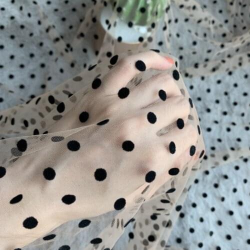 150cm Wide Black White Khaki Flocked Polka Dot Mesh Tulle Fabric High Quality Bridal Dress Wedding Decoration Curtain Net Fabric