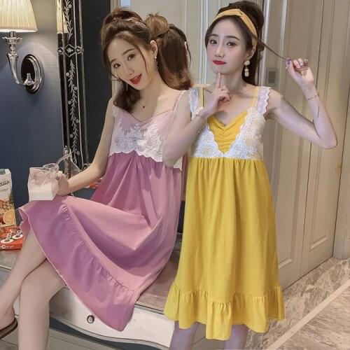 2021 Summer Sexy Lace Lingerie V-neck 100% Cotton Nightgowns for Women Korean Sleepwear Nightdress Home Dress Night Gown Nighty