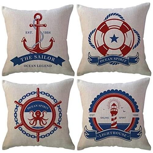 Throw Pillow Covers Navigation Anchor-Lighthouse-Rudder-Life Ocean Decor Cushion Covers Nautical Beach Decorative Pillowcases