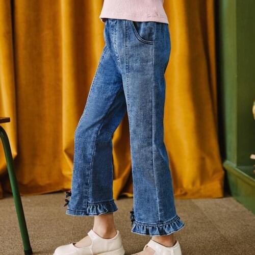 Children Flare Jeans For Girls Fashion Mid Elastic Waist Flare Denim Pants With Pockets Kids Daily Casual Trousers Clothing