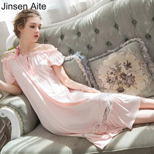 Jinsen Aite Summer Spring Cotton Womens Sleepwear Round Neck Solid Large Size Home Dress Princess Long Loose Nightgowns JS785
