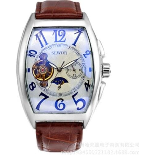Fashion business tourbillon mechanical watch European and American wine barrel belt mens watch