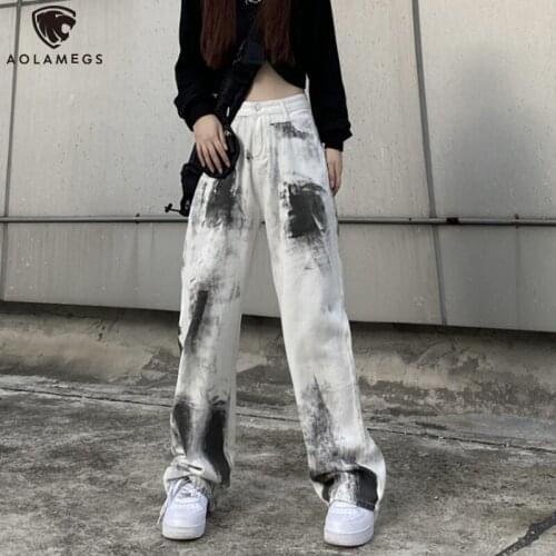 Aolamegs Men Baggy Jeans Loose Streetwear Pants 2021 Hip Hop Mens Oversized Jeans Denim Pants Women Dirty Ink Print Trousers