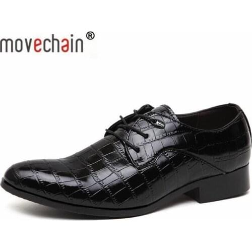 Movechain Fashion Mens Crocodile Grain Leather Lace-Up Dress Shoes Man Casual Wedding Party Flats Mens Business Derby Shoe