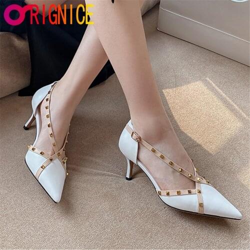 Orignice Big Size 43 Women Punk Rivets Cow Leather Pumps Buckled Ankle Thin Heels Pointed Toe Party Wedding Single Shoes White