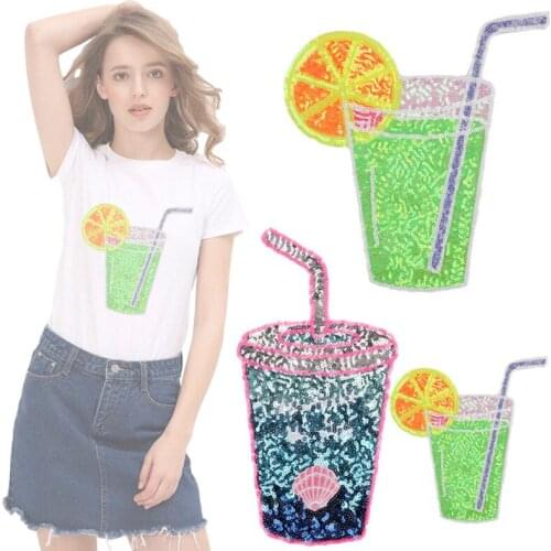 Drink Cup Sequins Embroidery Patches Large Iron on Patch Straw Cup Stickers Thermo Adhesive Girls Clothes DIY Sewing Supplies