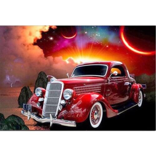 Full Diamond Painting Cartoon Car Diamond Embroidery Mosaic Cross Stitch Red Car Night Moon Needlework Home Paintings
