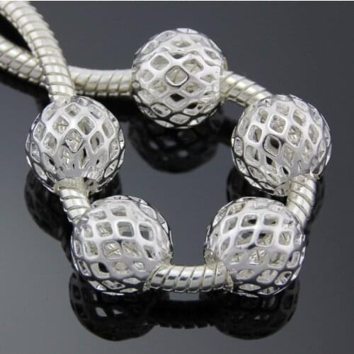 50pcs /Lot Silver Plated Big Hole Hollow Round Beads Fit European Charm Bracelets Necklaces Jewelry DIY EE55