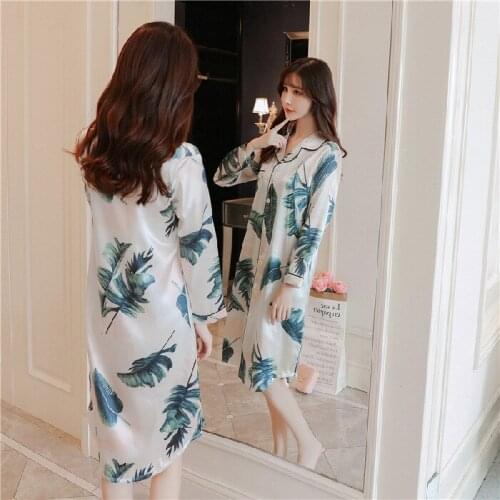 Spring and Autumn Long-sleeved Shirt Imitated Silk Fabric Nightgown Plus-sized Large Size X-long WOMENS Dress Silk Home Wear