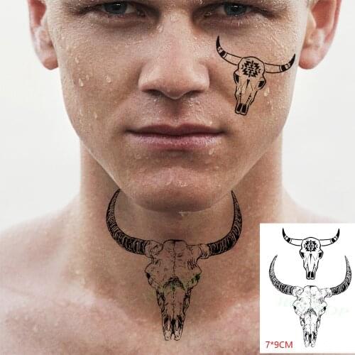 Waterproof Temporary Tattoo Sticker Bull Cow Goat Skull Head Horn Totem Fake Tatto Flash Tatoo Small Body Art for Men Women