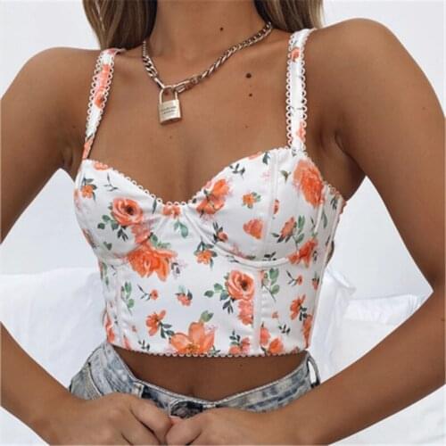 Sweet Floral print Camisole Women Lace Trim Crop Tops Summer 2021 Chic Fresh Cool Young Girls Push up Party Tees