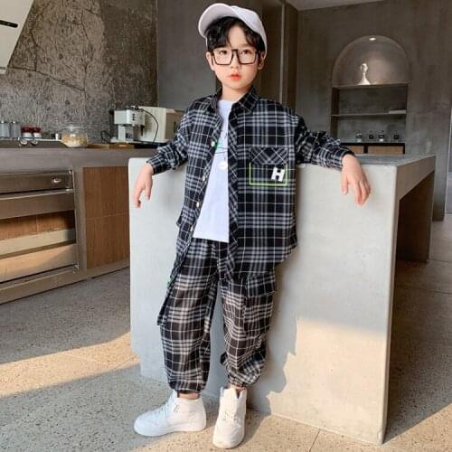 Spring Clothing Korean Style New Plaid Suit Medium and Big Children 2021 Spring Childrens Two-Piece Set