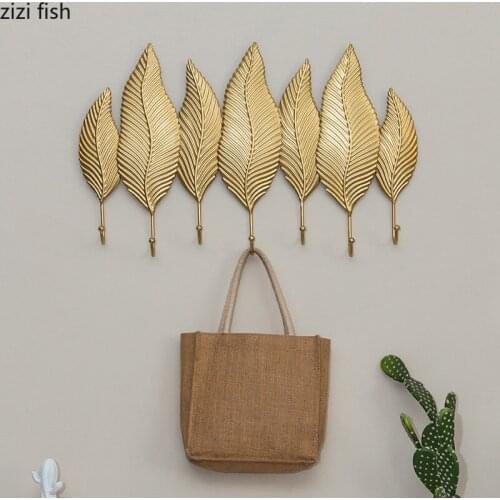 Iron Art Leaf Feather Decorative Hook Golden Metal Wall Hanging Wall Decoration Ornaments Clothes Cap Hook Organize Storage Hook