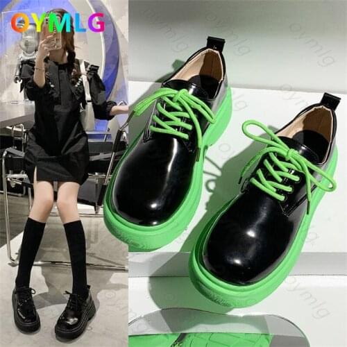 2021 new lace-up color matching single shoes womens platform thick-soled patent leather big round toe small leather shoes