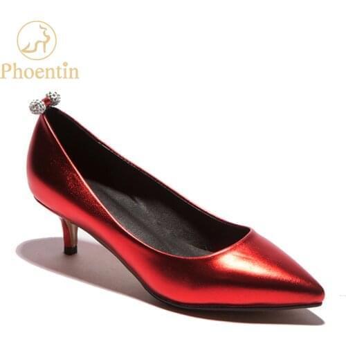 Phoentin silver shoes mid thin heel shallow womens luxury shoes leather basic editions pointy kitten heels office footwear FT304