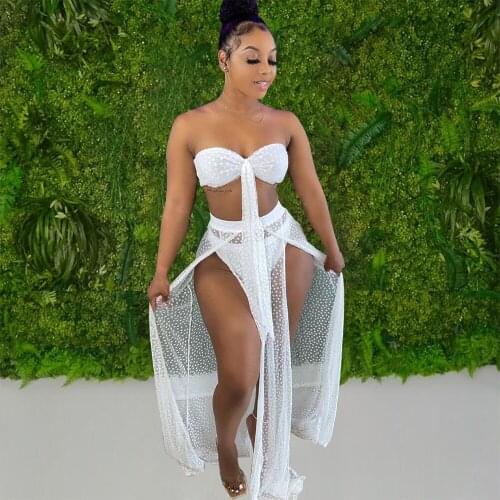 Black White Mesh Polka Dot Print 3 Piece Bikini Sets Summer Outfit for Women Off Shoulder Crop Top+underpant+see Through Skirt