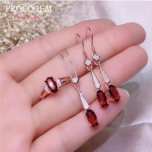 PROCOGEM Trendy Natural Garnet Jewelry sets for women Party 4x8mm Genuine Gems Necklace Earrings Ring 925 Sterling silver #560