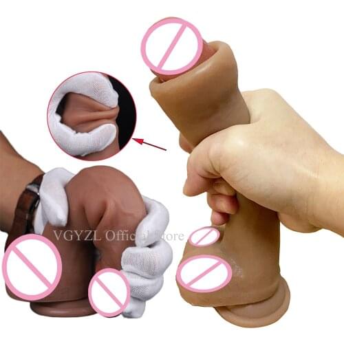 21cm Soft Silicone Penis Simulation Dildo Realistic Sliding Foreskin G Spot Stimulate Huge Big Dick Suction Cup Didlo for Anal