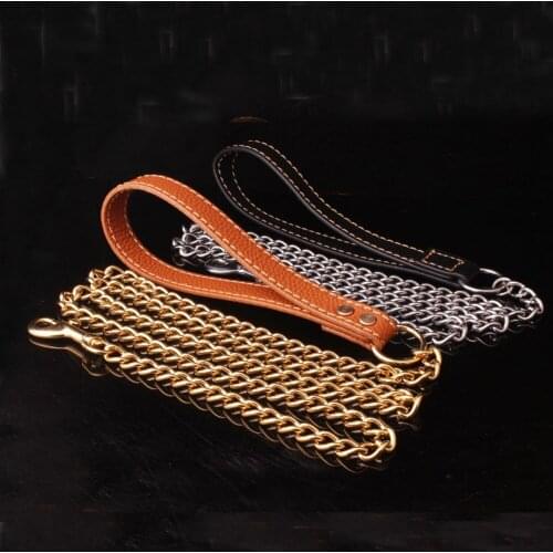 9mm Fashion Black Brown Leather Pet Dog Leash Lead Stainless Steel Silver Color/Gold Curb Link Chain For Walking Running 9"+52"