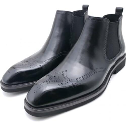 Chelsea Brogue Solid Winter Mens Boots Shoes Work Boots Add Velvet Fashion Designer Shoes Men Genuine Leather