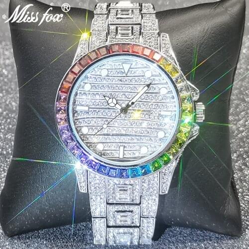 Hip Hop MISSFOX Watches for Men Luxury Hip Hop Full Iced Out Diamond Quartz Watches Silver Bling Auto Date Dress Jewelry Clocks