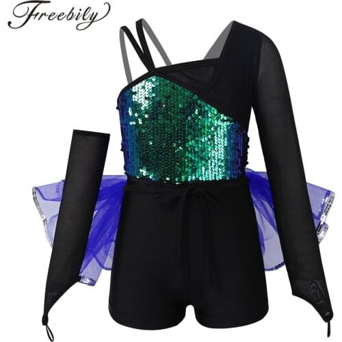 Kids Girls One Mesh Long Sleeve Shiny Sequins Ballet Gymnastics Leotard with One Arm Sleeve Mesh Tutu Skirt Child Dance Costume