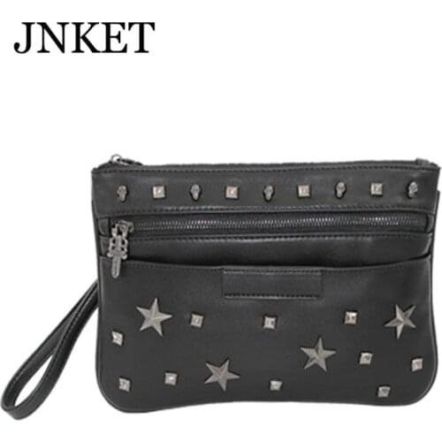 JNKET New Fashion Unisex PU Leather Clutch Bags Business Bag Casual Large Capacity Handbag Rivets design Wrist Bag Multi-card Wa