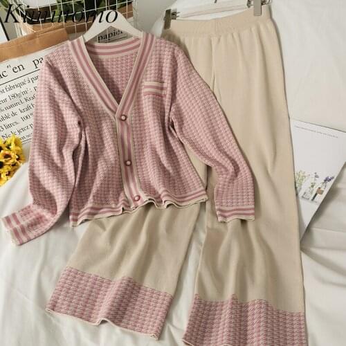 Kimutomo Korea 2021 Autumn Sets Sweet Ladies Striped Houndstooth Single-Breasted Sweater Drape High-Waisted Wide-Leg Pants Suit