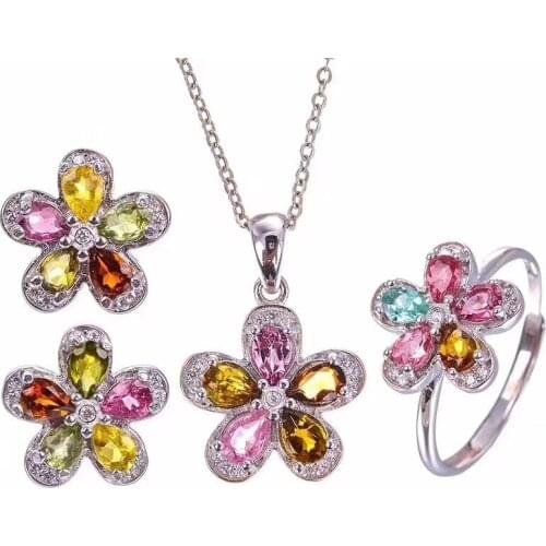 Free Shipping Natural Tourmaline jewelry set Natural Real Tourmaline 925 sterling silver 1pc pendant,1pc ring ,2pcs Earring