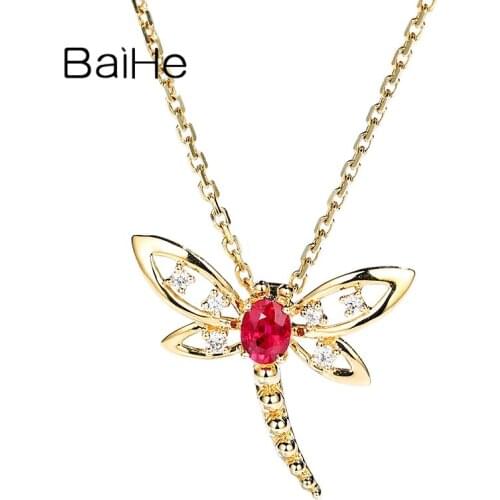 BAIHE Solid 18K White/Yellow/Rose Gold 0.18ct Natural Ruby Кулон 0.04ct Natural Diamond Hanger dragonfly Pendant Women Colgante