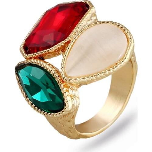 Statement Gold Color Chunky Deep Green Crystal Red Square Stone Wedding Rings for Women Men Fashion Party Jewelry