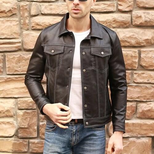 Men Casual Genuine Leather Coat Brand Luxury Real Leather Jacket Slim Lapel Black Pocket Sheep Leather Jacket Aviation Clothes