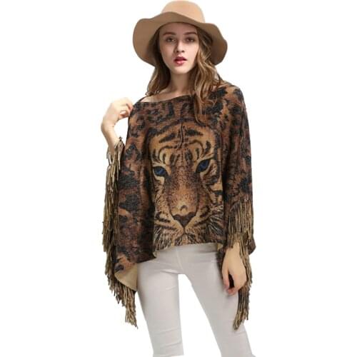 2021 New Womens Cape Tiger Head Leopard Print Knitted Shawl Scarf Tassel Hedging Cloak Keep Warm Ponchos Gold Silver